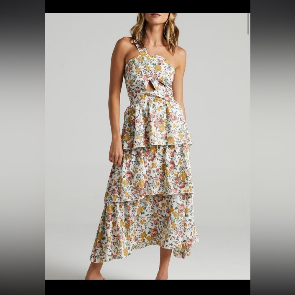 Womens Caro Midi Dress – One Shoulder Tiered Dress in Multi Floral